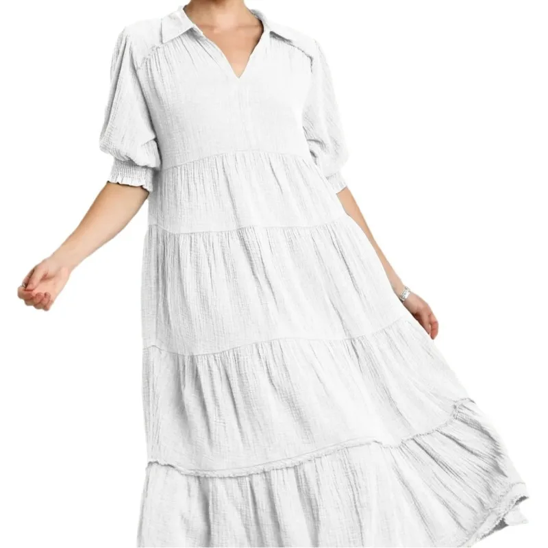 2026 New Fashionable and Comfortable Medium-sleeved V-neck Layered Dress for Women