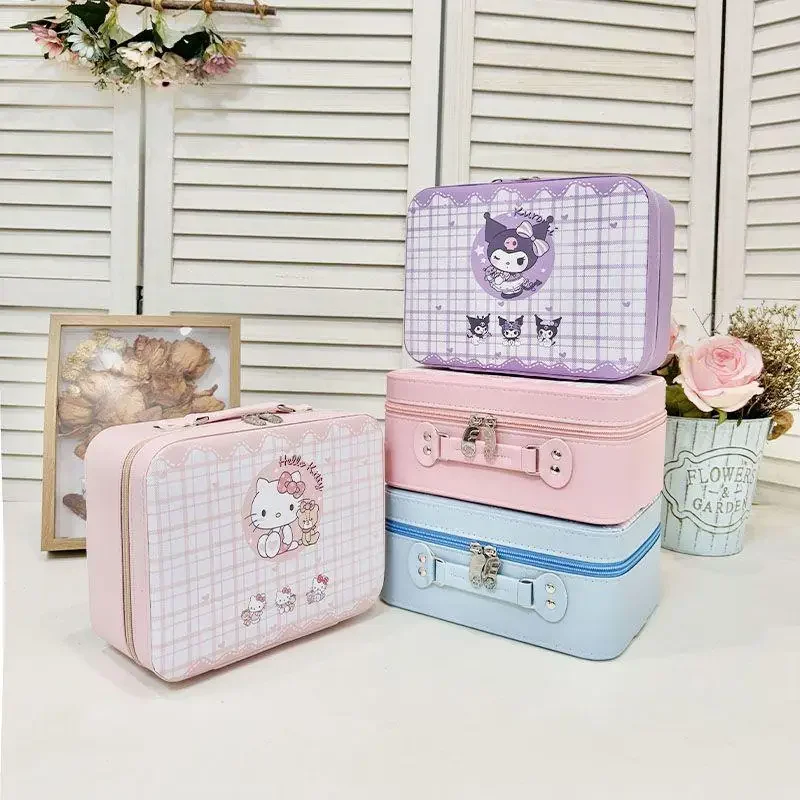 حقيبة مستحضرات التجميل Kuromi Hello Kittys مع حقيبة مستحضرات التجميل المرآة المحمولة ذات سعة كبيرة صندوق تخزين مستحضرات التجميل الجديد