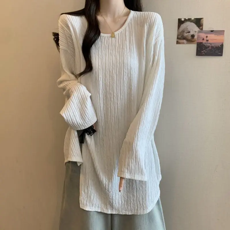 Large Size Women's Clothing Spring And Autumn New Solid Color Casual Loose And Thin Texture Bow Split Long-sleeved T-shirt