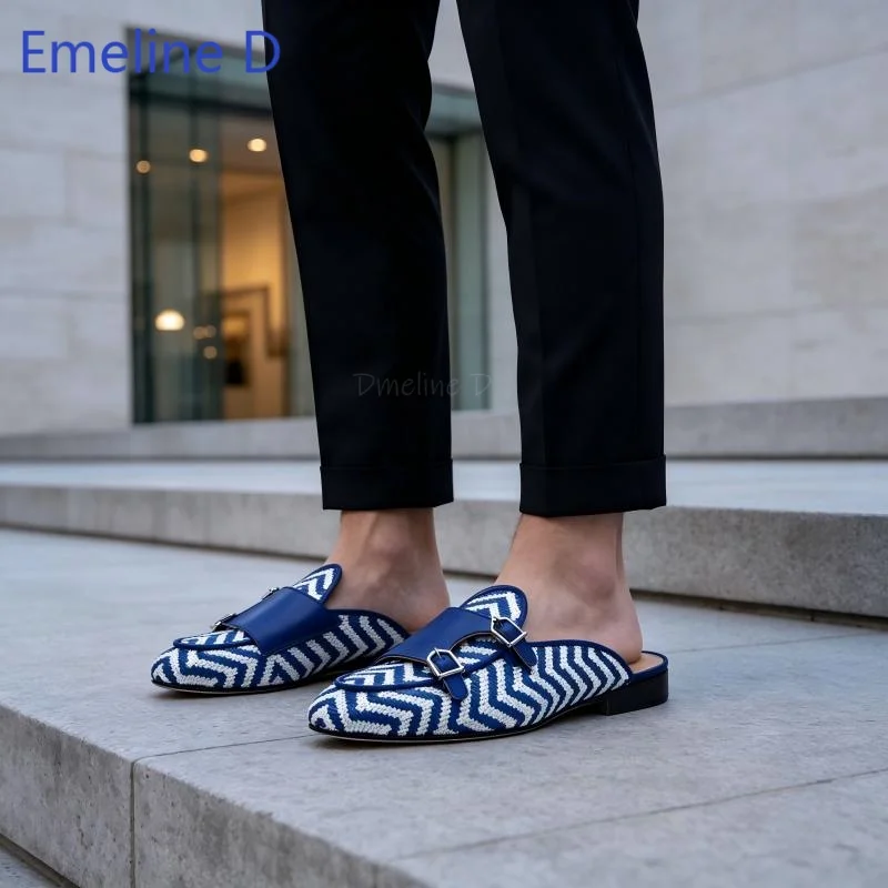 Woven Textile Backless Loafer Mules Metal Button Ornament Low Block Heel Breathable Open Heel Leisure Daily Outdoor flat shoes