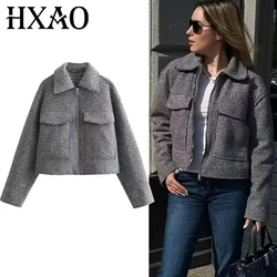 HXAO Women's Coats Autumn Winter Solid Short Coats For Women Tweed Faux Wool & Blends Coats Long Sleeve Cropped Womens Coat