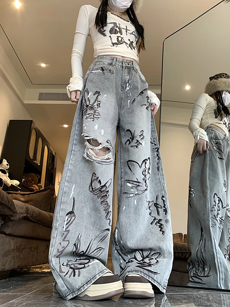 

Cute Hip Hop Print Jeans High Waist Fashion Tassel Hole Denim Pants Graffiti Summer Korean Loose Wide Leg Jeans Trousers