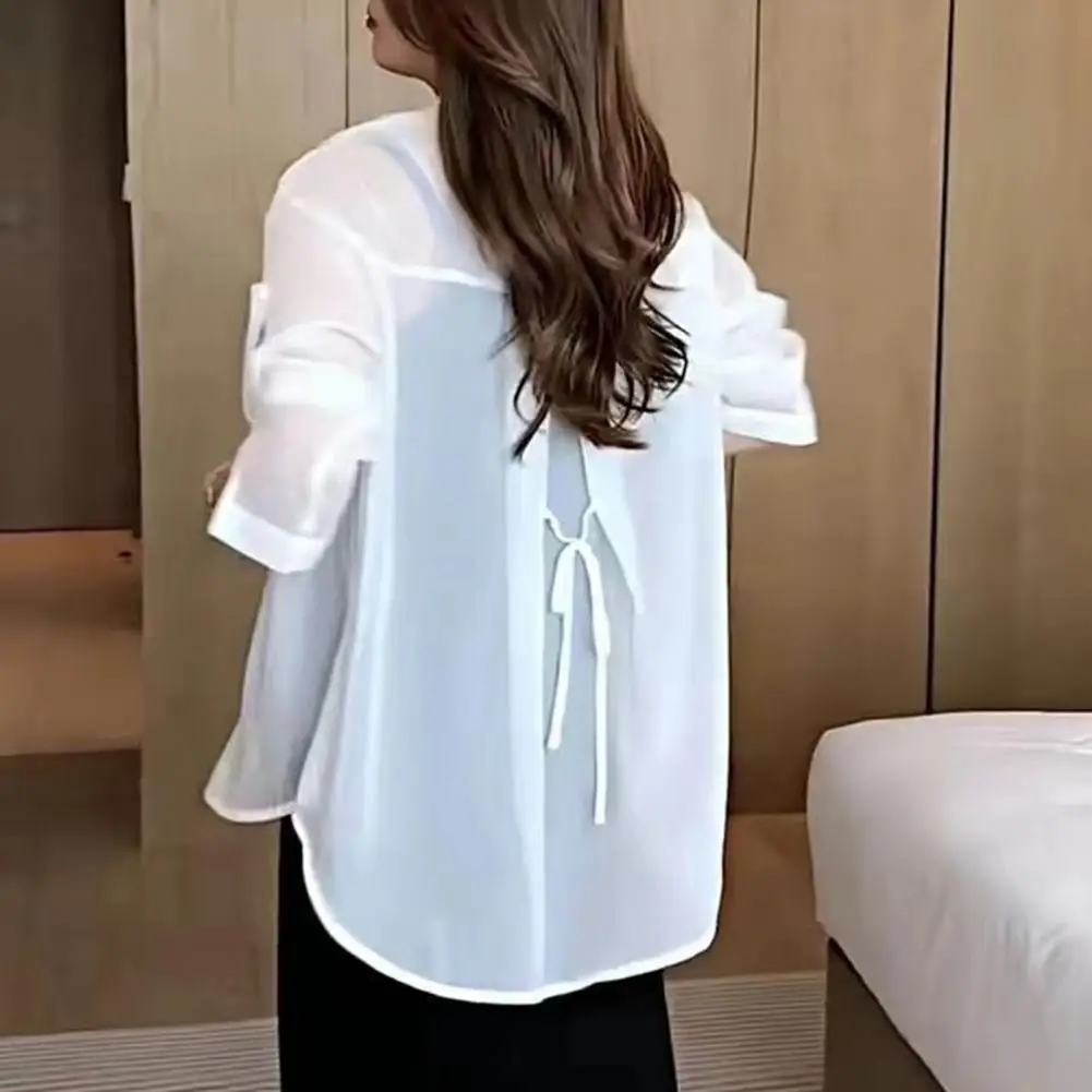 Women Summer Sun Protection Shirt Lapel Long Sleeve Back Lace-up Chiffon Tops Solid Color Loose Fit Thin Holiday Beach Shirts