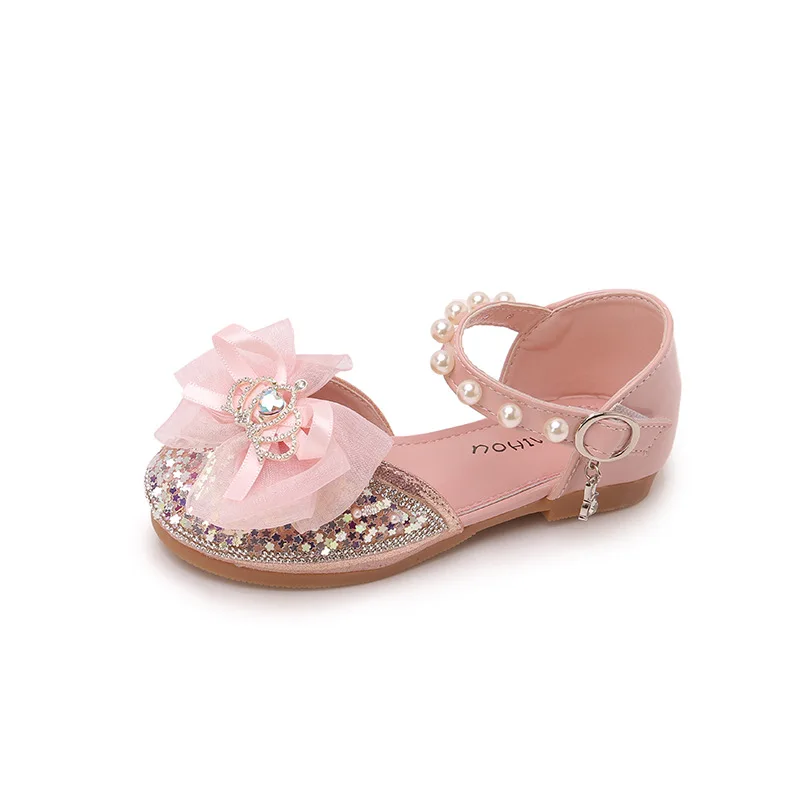 

2023 Spring New Korean Style Kids Shoes for Girls Bow Crown Bow Casual Children Fashion Rhinestones Mary Janes for Party Wedding