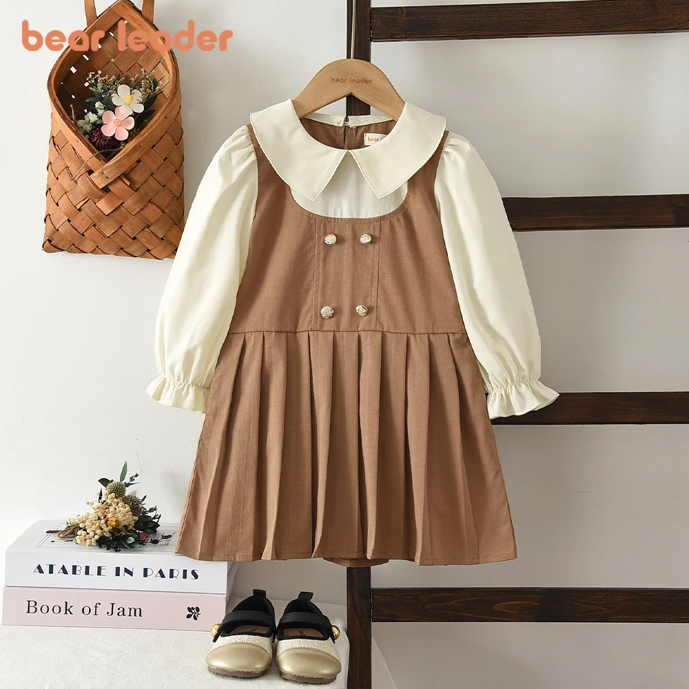 Bear Leader Korean Preppy Style Khaki Girls' Dresses Autumn False Two-piece Color Blocked Long Sleeved Spliced Pleated Dress