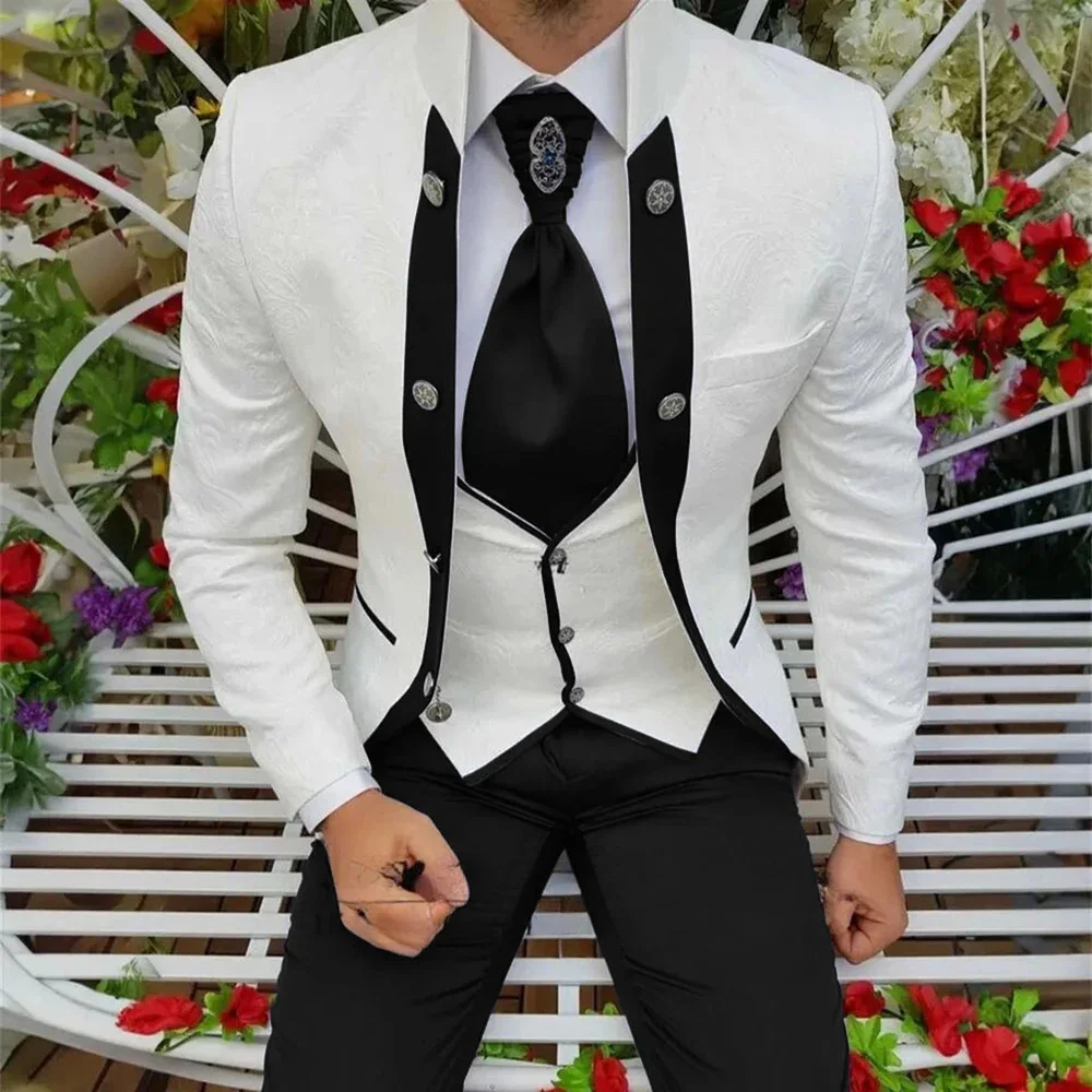 Elegant Men's Suit Wedding Groom Tuxedo Royal Blue with White Pattern Jacket Pants Vest Three Piece Set Formal Suits Mens