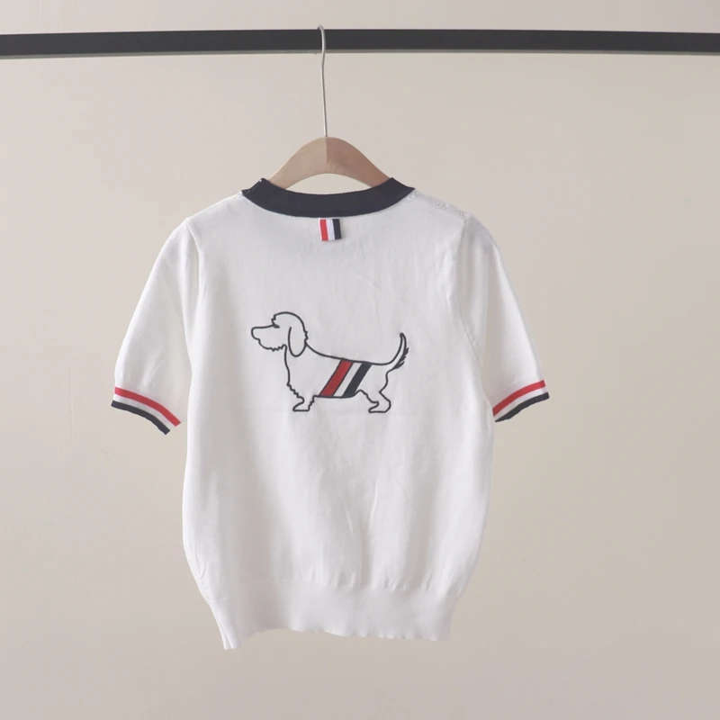 Summer new style college wind cuffs collide color round collar dog embroidered short sleeve sleeve sleeve knit t-shirt shirt thi