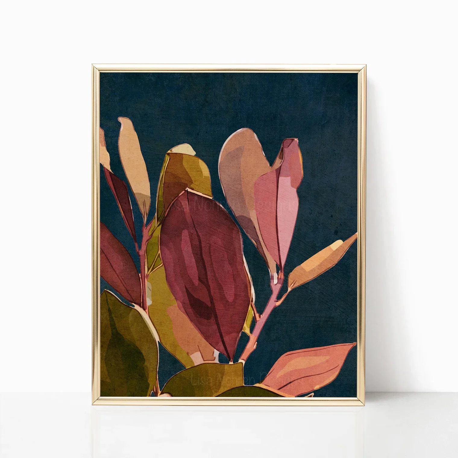 Frameless Canvas Painting Navy Blue Bohemian Wall Art - Abstract Floral Canvas - Modern Frameless Poster With Pink, Red & Green