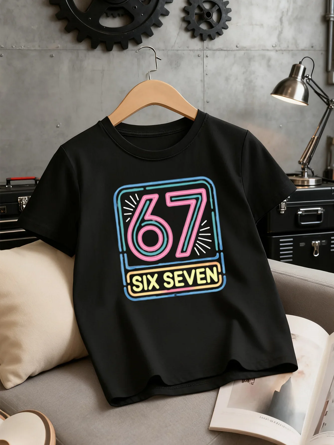 Bright Red Kids Short Sleeve Tee Neon Square Frame Number 67 Six Seven Colorful Line Graphic Casual Boys Girls Daily Top