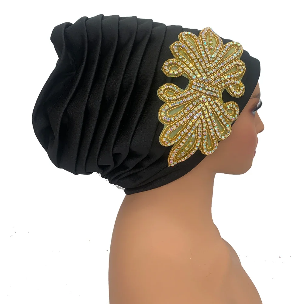 African Female Head Wraps Muslim Headscarf Bonnet Turbante mujer Full Body Pleated Turban Cap for Women Glitter Diamonds Deco