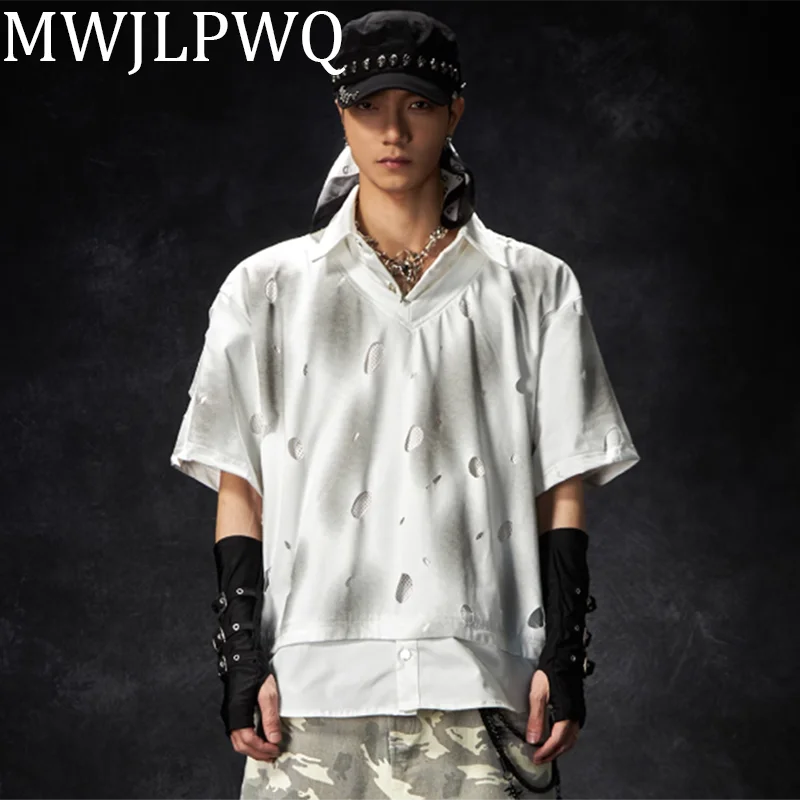 

MWJLPWQ Fake Two Piece Distress Male T-shirts Hand-drawn holes High Street Short Sleeve Lapel Hiphop Men's Loose Tops 010455