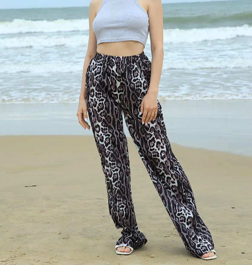 

Leopard Print Street Style Mid Waist Elastic Wide Leg Pants for Summer Women, Leopard Print Casual Loose Straight Leg Pants