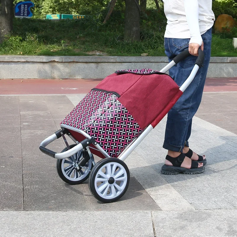 Ultra-Light Aluminum Alloy Shopping Cart Trolley with Big Wheels 35L Storage Bags Pull Rod Retractable Foldable Grocery Cart