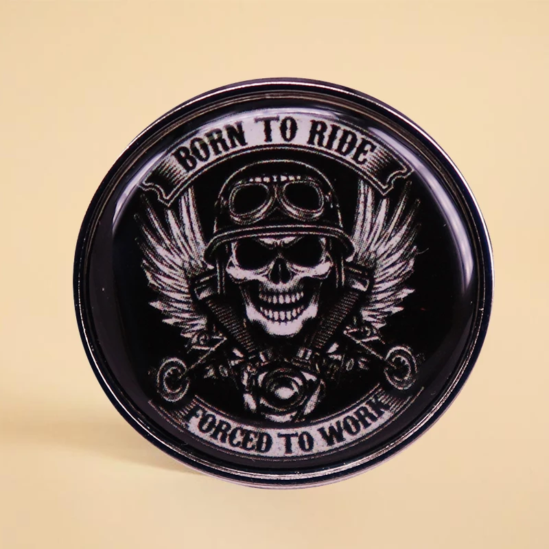 Born To Ride Forced To Work Lapel Pin Gothic Dark Motorcycle Biker Skull Wings Brooch Funny Metal Badge