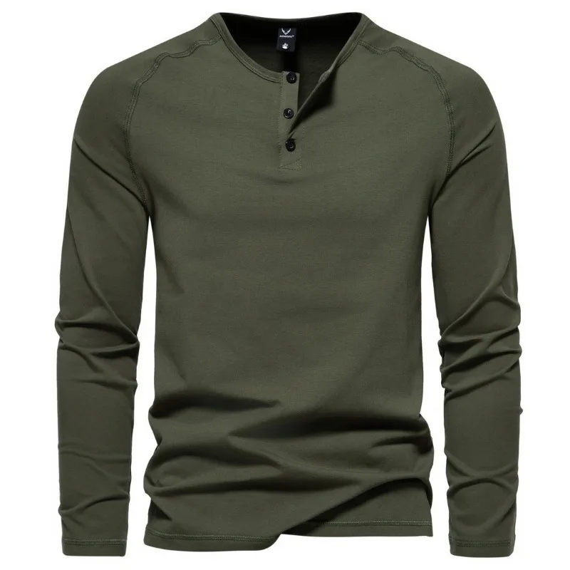 

220g Cotton Fashionable Autumn New Men's Henley Neck Long Sleeved T-shirt Casual Solid Color Bottom Shirt Large