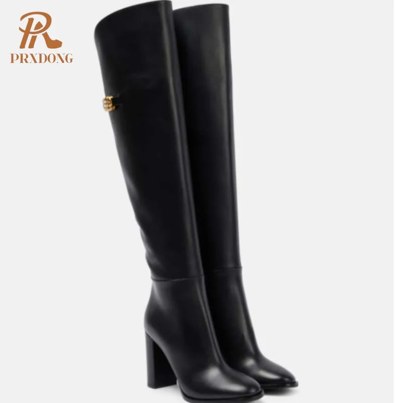 PRXDONG 2024 New Brand Classis Autumn WInter Shoes Chunky High Heels Black Dress Party Casual Lady Knee High Boots Size 34-43