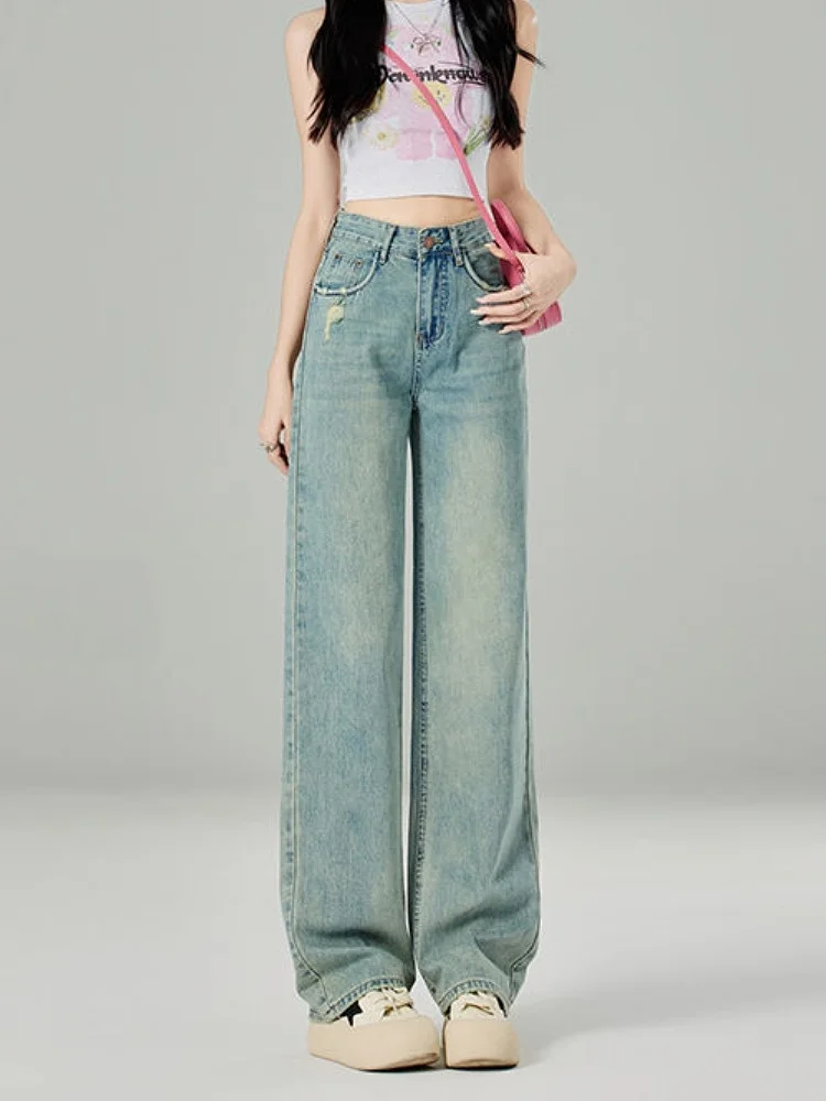 

High Waist Wide Leg Jeans Women's Ripped Straight Thin Summer Slimming Long Pants Casual Fashion plus Size Cotton Blend