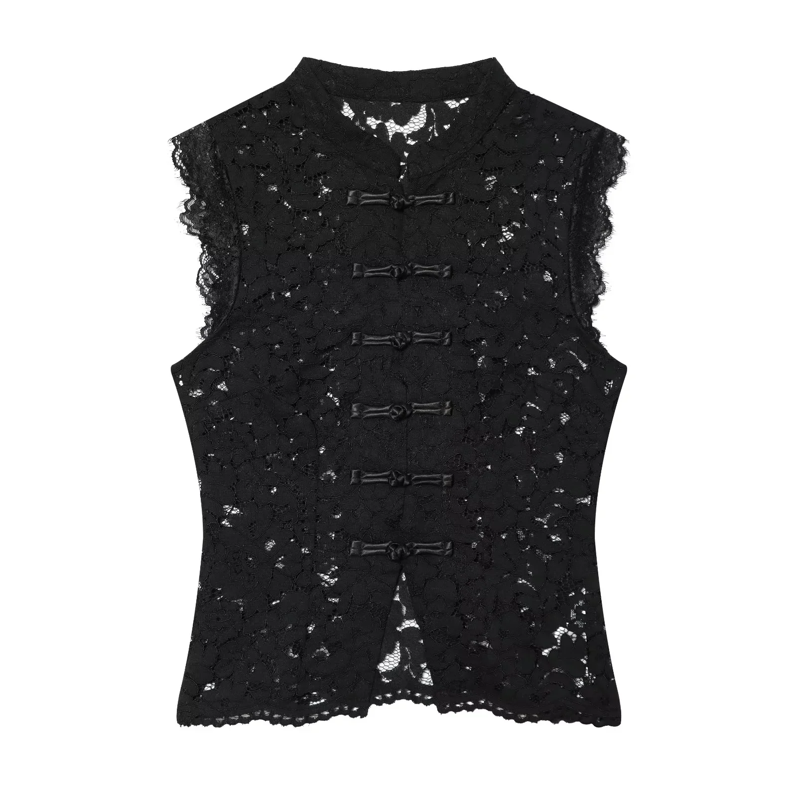 KONDALA Festliches, sexy schickes Damen-Tanktop mit Spitze, Knöpfen, Cut-Outs und Umlegekragen, ärmelloses Oberteil, modisch, Frühjahr/Sommer 2026 – Detail 5