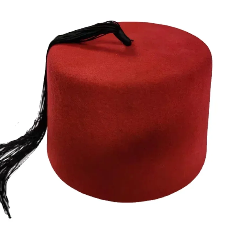 Red Fez Hat Folkloric Turkish Fes Oriental Tarboosh Tarboush With Black Tassel Felt Wool Hats Ottoman Empire Fezzes Caps