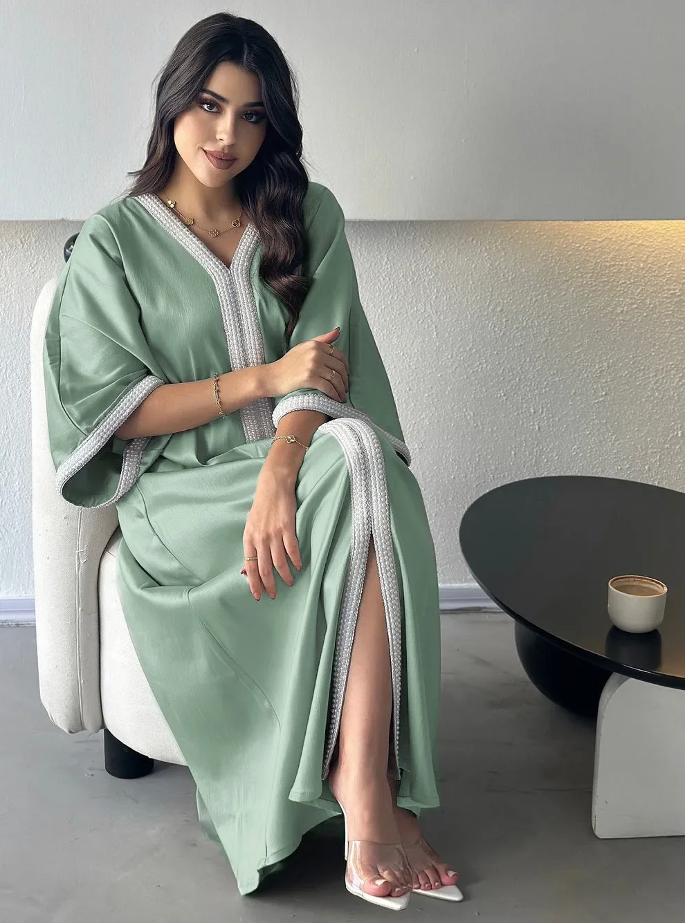 

Ramadan Eid Djellaba Muslim Women Dress Split Hem Jalabiya Arabic Robe Dubai Abaya Turkey Kaftan Caftan Marocain Femme Vestidos
