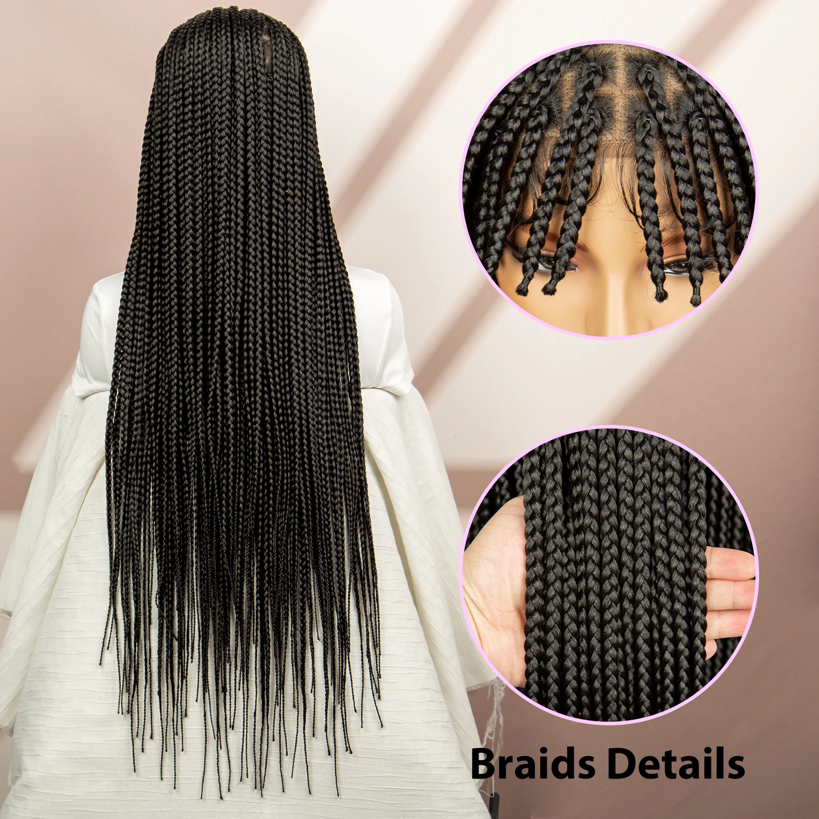 Pelucas trenzadas de caja sintética para mujeres negras, encaje completo, cabello de bebé, trenzas, flequillo, 34 pulgadas