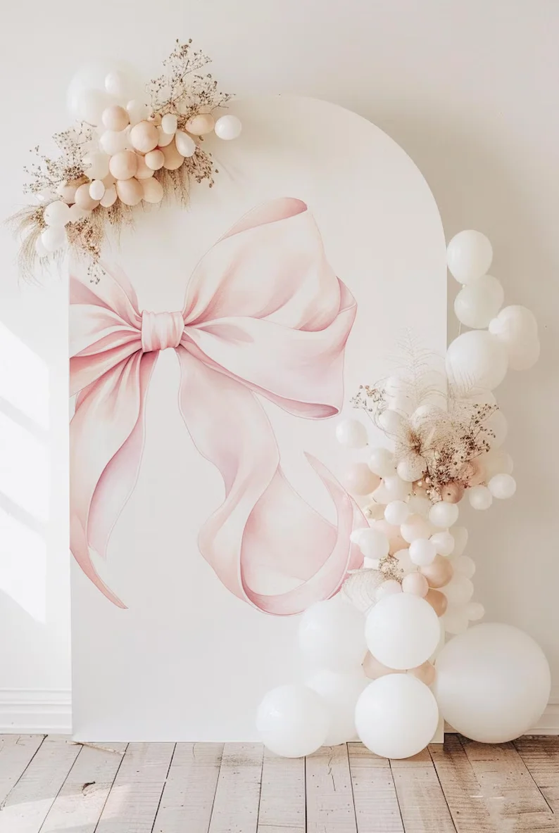 Mehofond Pink Bow Balloon Arch Backdrop Wall Girl First Birthday Party Baby Shower Decor Photo Background Arch White Chiara Prop