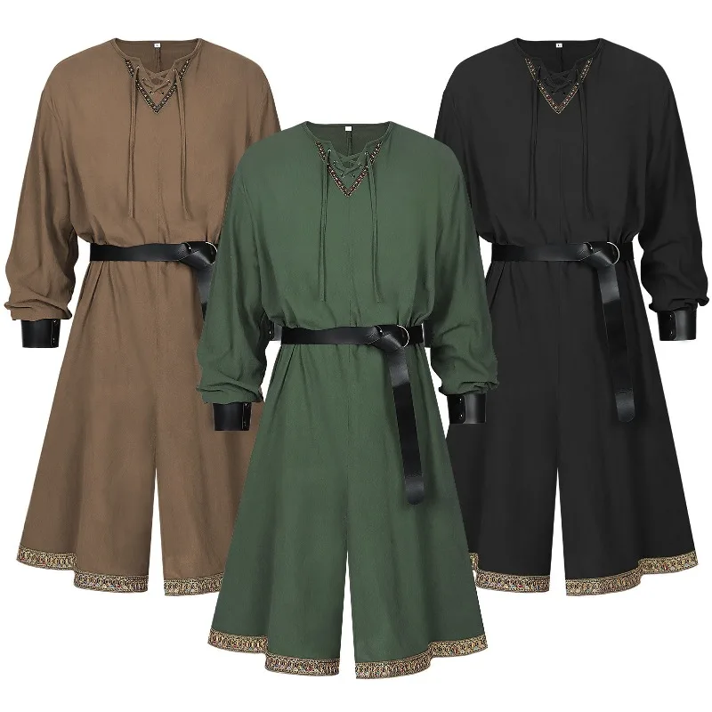 Men Medieval Pirate Cosplay Costume Long Sleeve Shirt Viking Tunic Tops with Belt Arm Guards Pants Set Renaissance Knight Cos - view 2