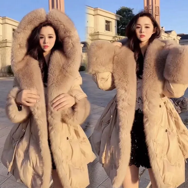 Nuova moda autunno e inverno con cappuccio per donna con collo di pelliccia grande cappotto medio lungo