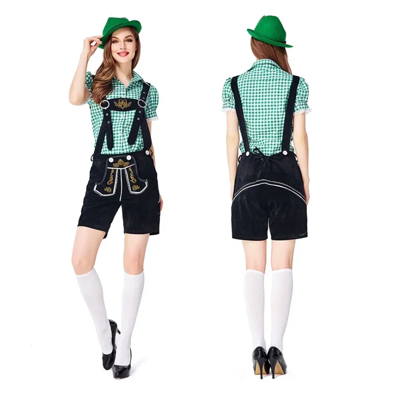 バイエルンスタイルの女性のオクトーバーフェスト衣装レースチェック柄シャツレーダーホーゼンブラックブラウンビール祭りコスプレファンシーパーティー衣装