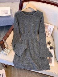 Women's Dark Grey Evening Dress Vintage Solid Color Long Sleeve Knitted Mini Dresses Y2k One Piece Frocks 2000s Coquette Clothes
