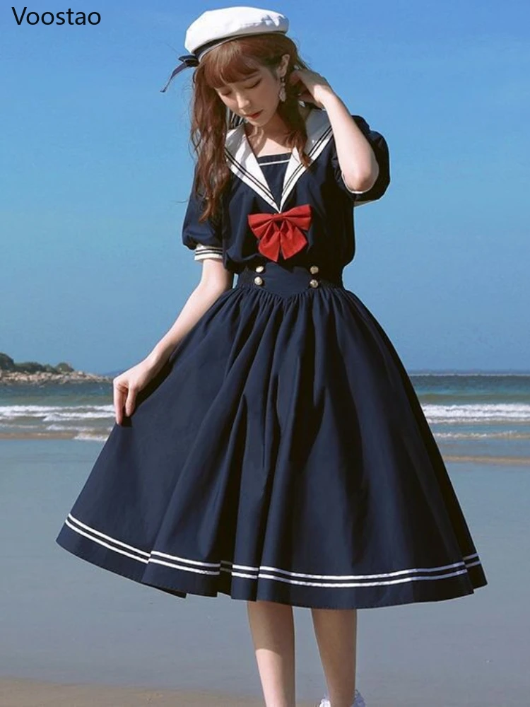 Vestido Lolita de hermana suave japonesa para mujer, dulce manga abullonada, Vestidos delgados para estudiantes, fiesta Retro para niñas, cuello de salida con lazo