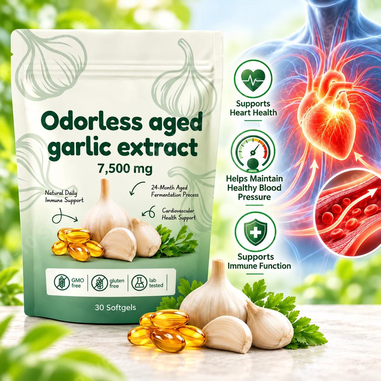 Heart Immune Blood Pressure Support Odorless Aged Garlic Extract 7500mg Softgels, 24-Month Fermented, Non-GMO Gluten-Free, 30 Ct