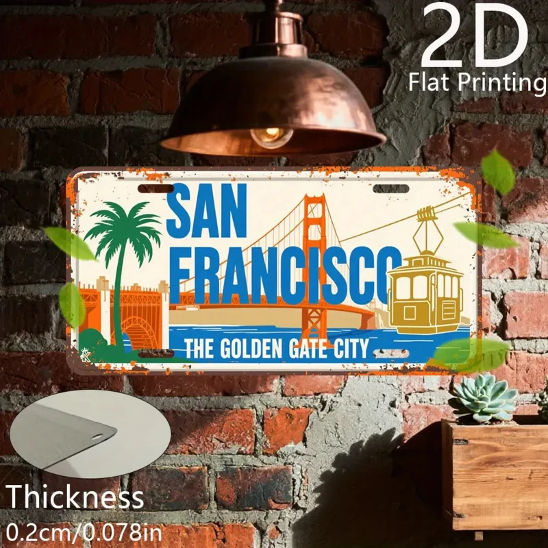 Letrero Metálico HD, Placa de Matrícula Vintage de San Francisco Golden Gate, Arte de Pared Metálico, Decoración Retro del Cable Car del Puente Golden Gate para B