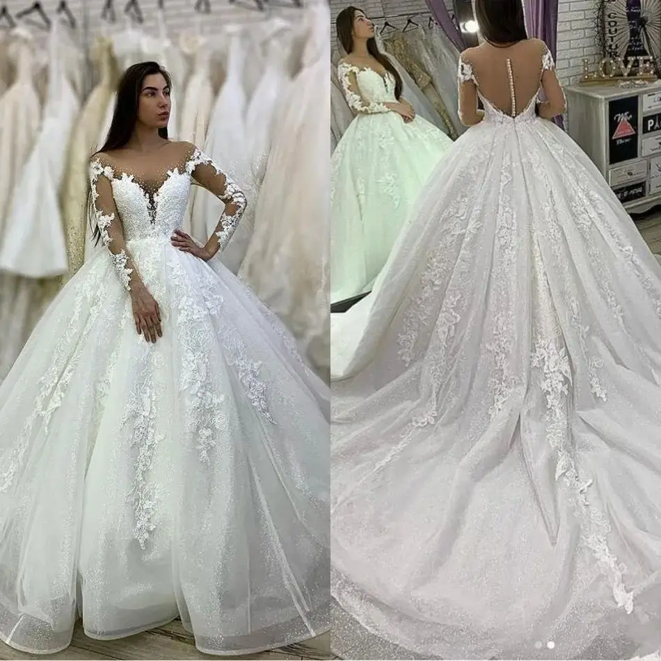 Personalizado brilhante contas colher pescoço rendas apliques vestido de baile vestidos de casamento mangas compridas ilusão botões vestidos de noiva