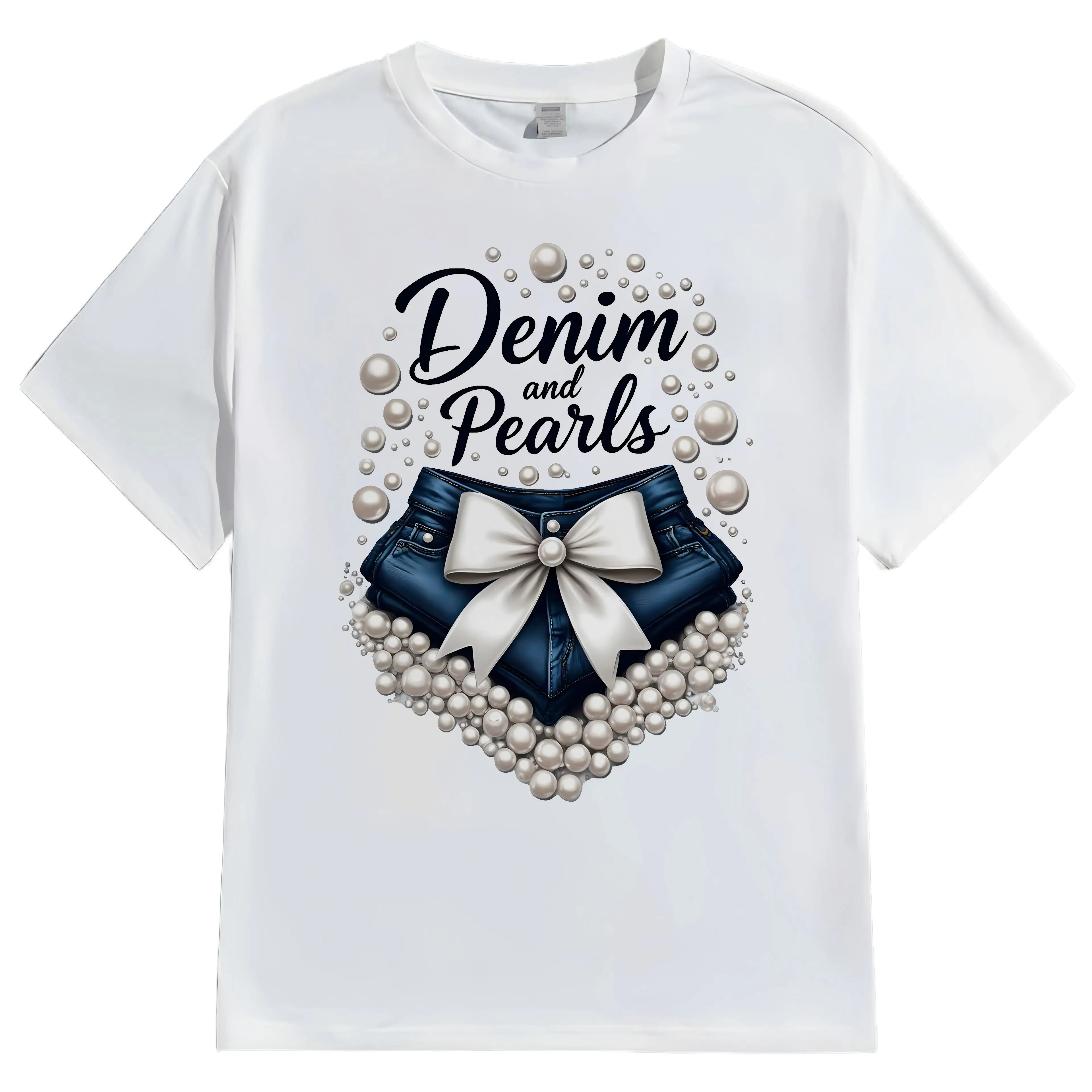 Zaelia Women's Casual T-Shirt Denim Pearls Heart Bow Print Graphic Tee for Daily Wear Street Style Fashion Top