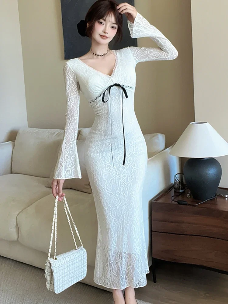 2024 White Lace Hook Flower Hollow Casual Long Dress Women Elegant Chic Bow V-Neck Dresses Autumn Winter Korean Bodycon Vestidos