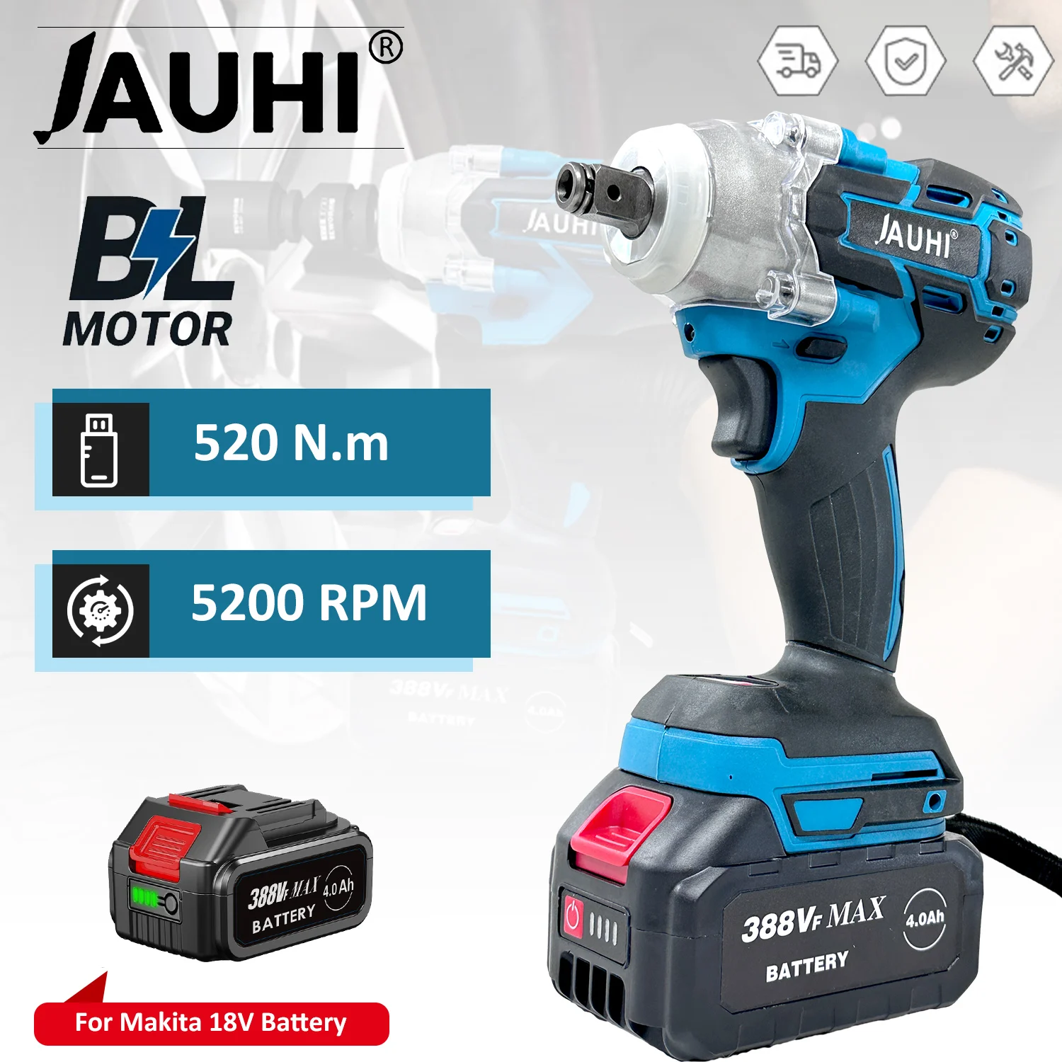 

520N.M Torque Brushless Electric Impact Wrench 1/2 inch Lithium-Ion Battery Cordless Wrench Power Tools For Makita 18V Battery