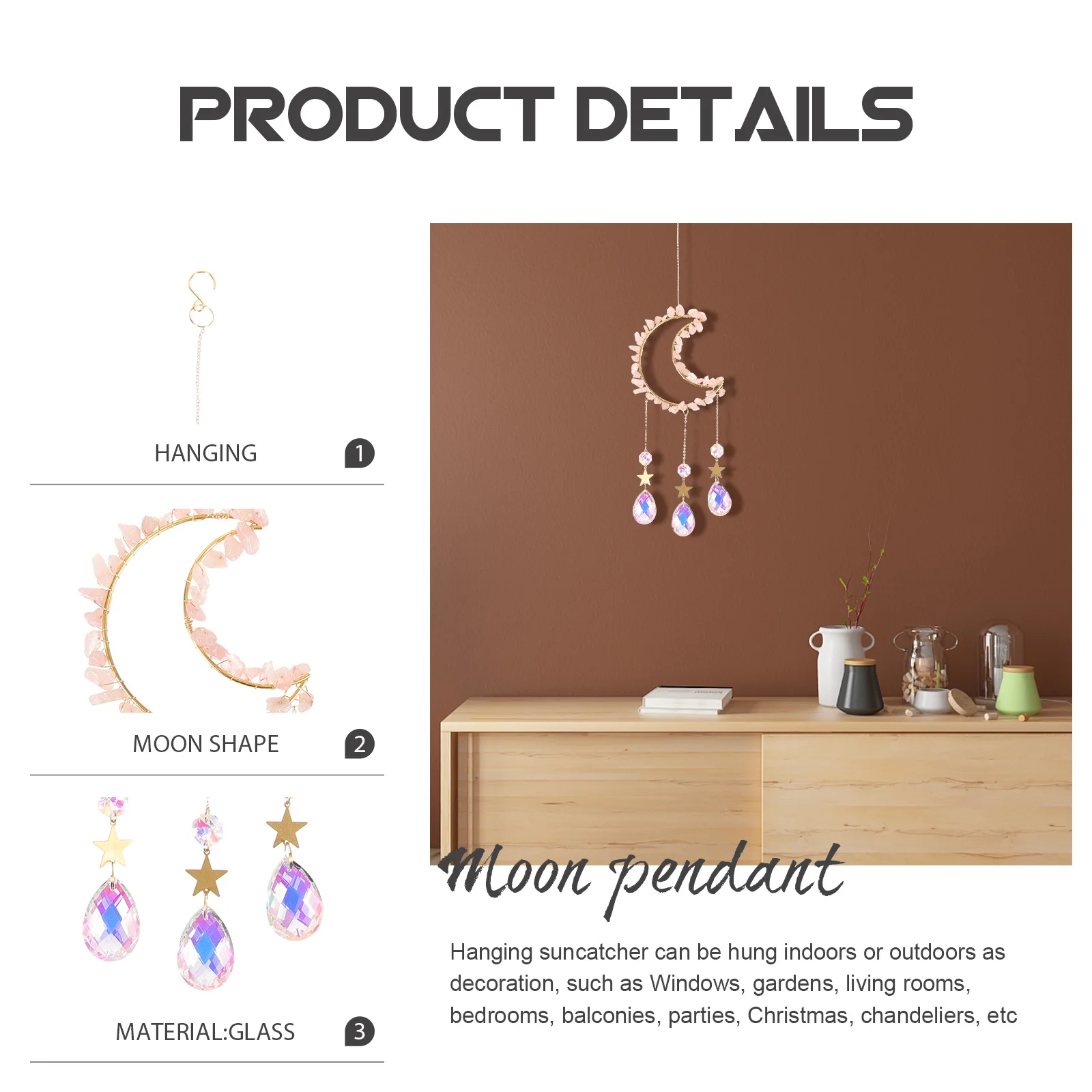 

Glass Suncatcher Moon Window Hanging Decor For Indoor Outdoor Garden Crystal Wind Chime Ornament Home Party Christmas