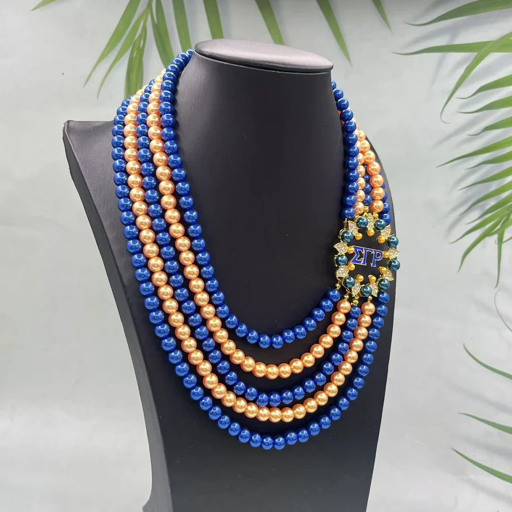 Sigma Gamma Rho Multi Layer Yellow Blue Bead Greek Letter Flower Shaped Charm Necklace