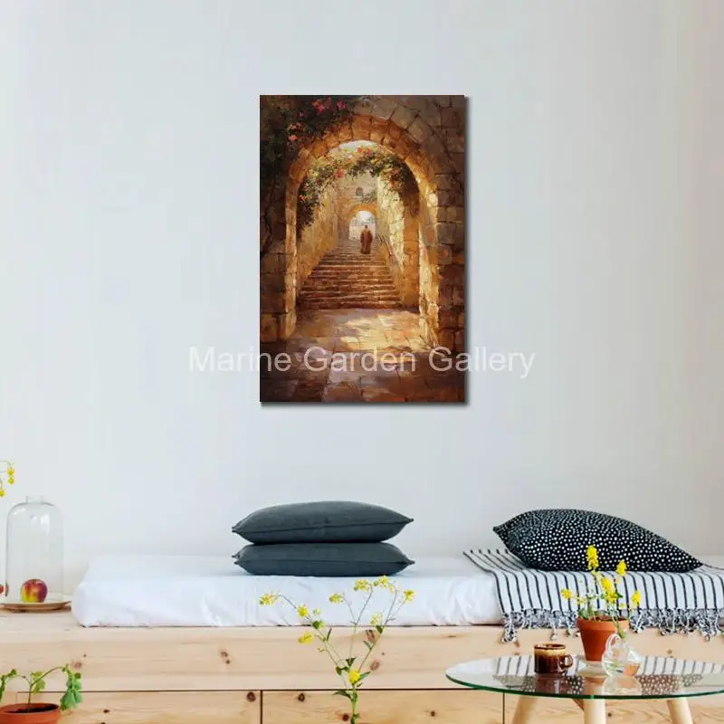 Judaic Painting Jerusalem Archway Hand Painted Oil Canvas Art Abstract Landscape Jewish Decor for Dining Room Prayer Gift