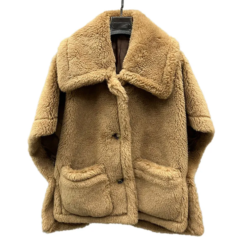 Women's Winter Natural Wool Coats Fashion Teddy Short Coats Thick Warm Short Sleeve  Outerwear Poncho