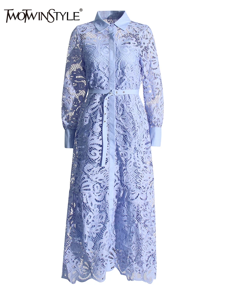 

TWOTWINSTYLE Solid Embroidery Dresses For Women Lapel Long Sleeve High Waist Patchwork Lace Up Single Breasted Dress Female New