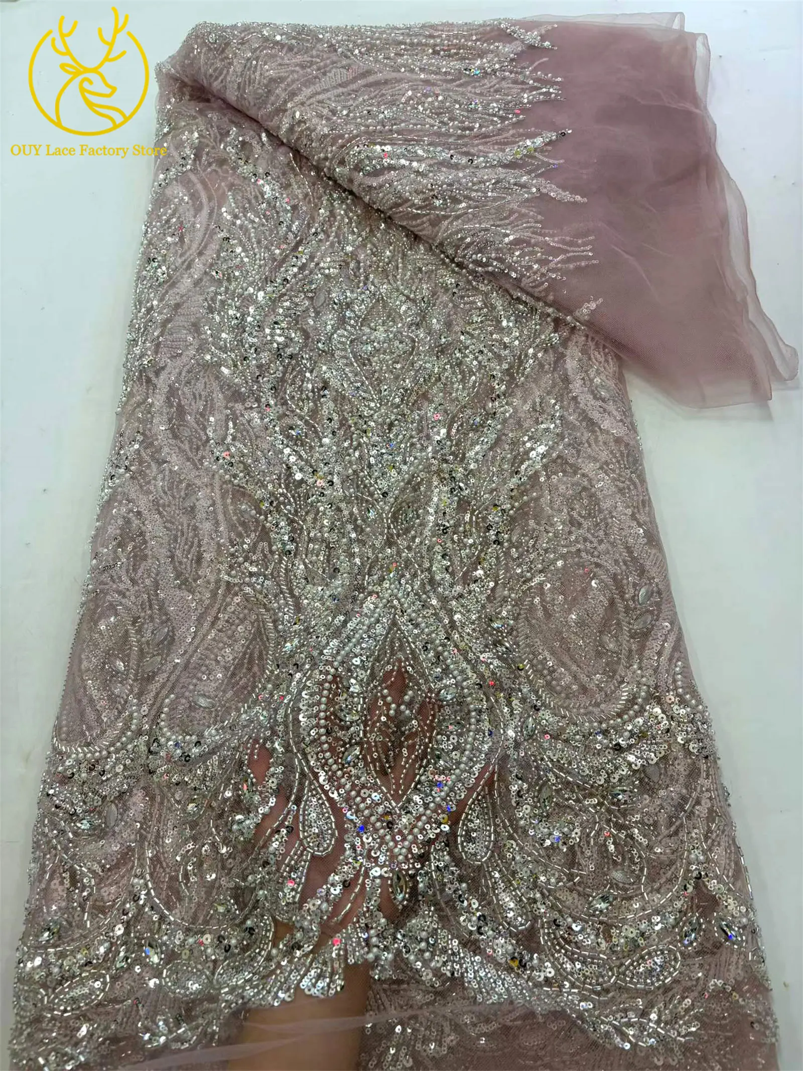 Luxuriöser Brautkleid-Spitzenstoff mit Perlen und Strass 2026 – Deluxe Afrikanische Nigerianische Pailletten-Stein-Mesh-Spitze für Damen-Partykleider zum Nähen – Detail 11
