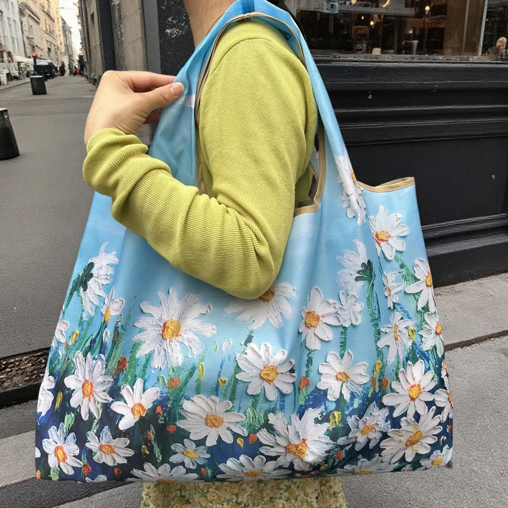Daisy Sunflower Art Printing Tote Bag Women Reusable Shopping Bag Foldable Washable Travel Beach Shoulder Bag Eco Grocery Bag