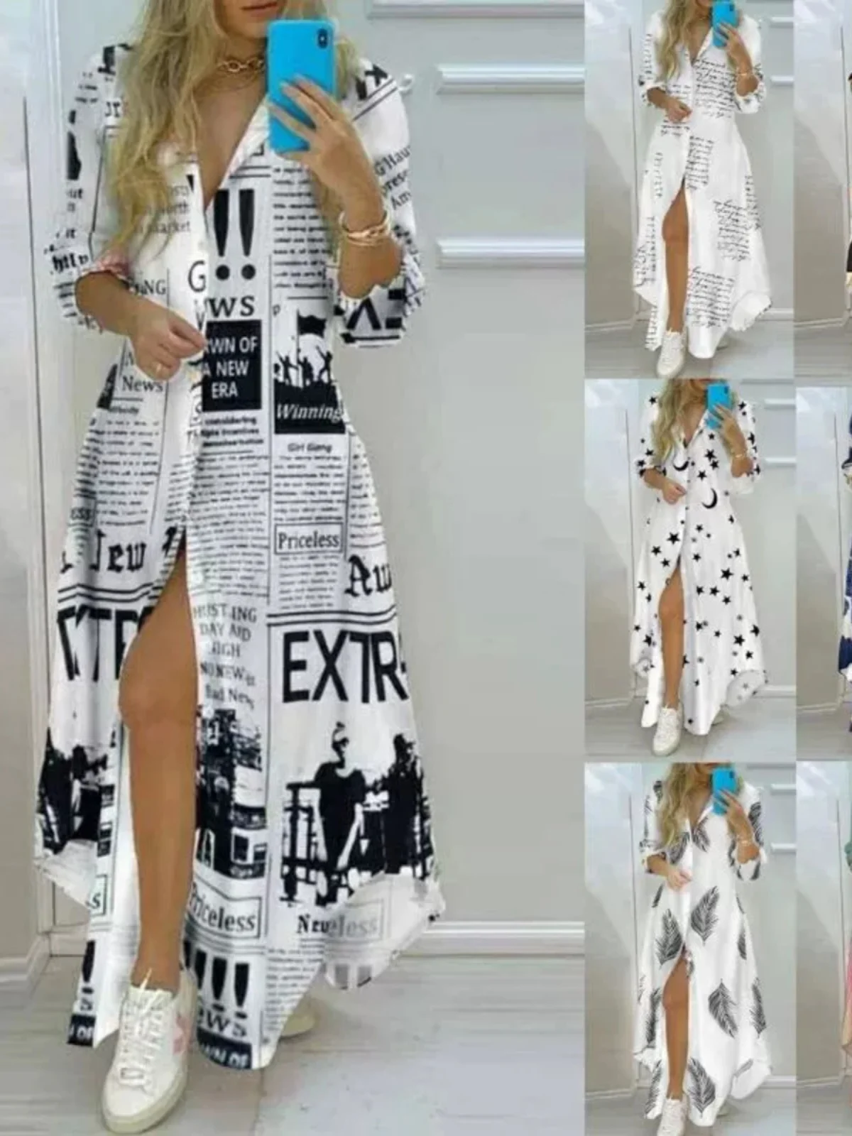 캐주얼 프린트 긴 소매 셔츠 드레스 스트리트 스타일 루즈핏 여성 패션 봄 컬렉션 컬러 블록 디자인 버튼 디테일