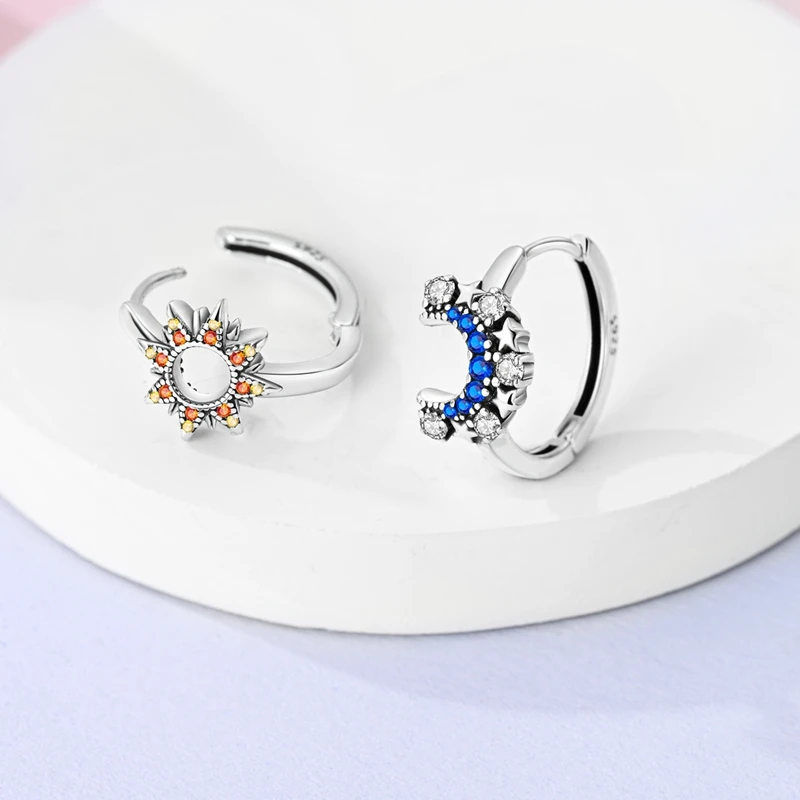 Special 925 Sterling Silver Sparkling Sun And Moon Dual Color Asymmetrical Earrings For Women's Moonlight Party Accessories