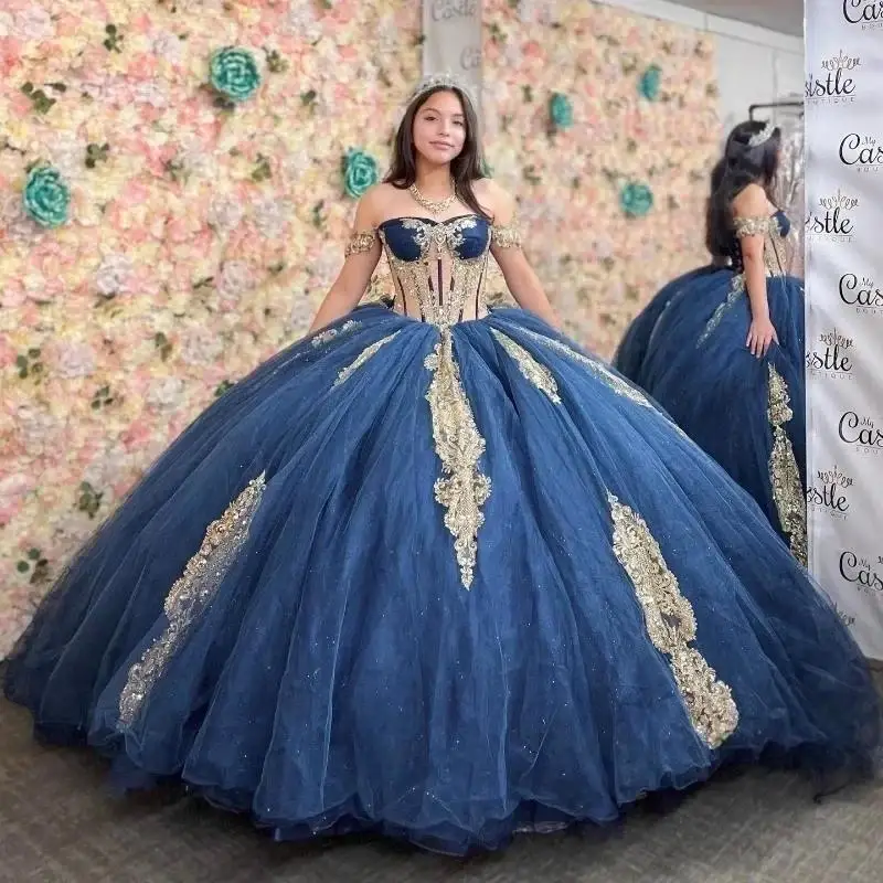 

Customized Shiny Navy Blue Quinceanera Dresses Gold Lace Appliques Vestidos De 15 Anos Princess Cinderella Birthday Party