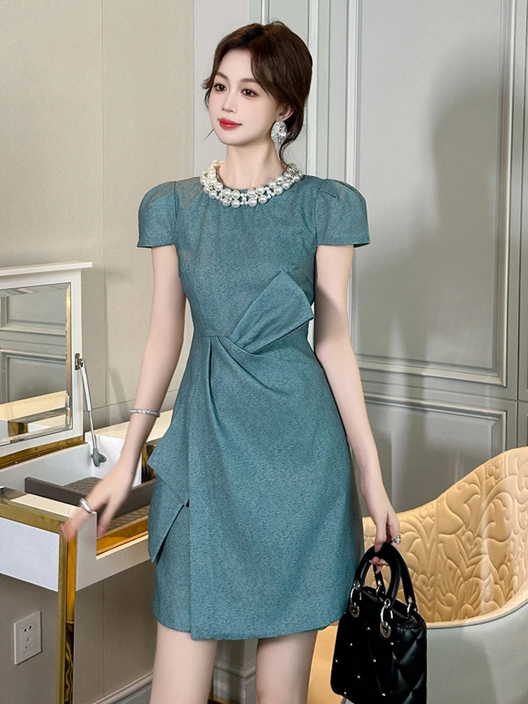 Work Style Elegant Office Busines Formal Asymmetrical Dress Women Clothes Mujer Commute Pearl Short Sleeve Slim Party Vestidos