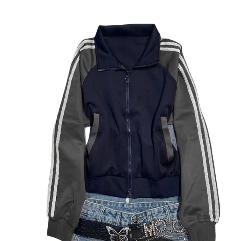 ديبتاون خمر Y2k النساء سترات للعبة البيسبول Harajuku مخطط المرقعة سستة معاطف الكورية نمط رياضي سترات كبيرة الحجم غير رسمية