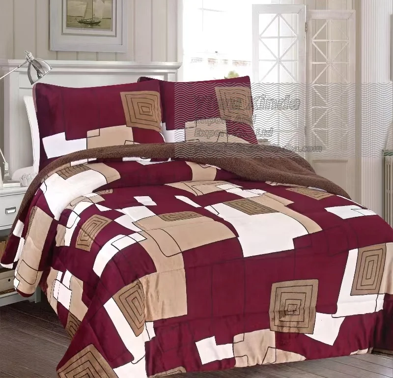 In stock king size 3 pcs comforter set thick warm sherpa blanket borrego  sets for winter living room